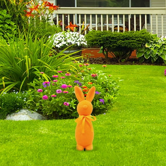 1PC 13.77Inch Flocked Easter Bunny Figurines with Bow Tie and Ground Insert Decorations, Large Spring Table Centerpieces for Home Office Indoor Outdoor Party, Solid Color Rabbit Porch