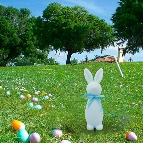 1PC 13.77Inch Flocked Easter Bunny Figurines with Bow Tie and Ground Insert Decorations, Large Spring Table Centerpieces for Home Office Indoor Outdoor Party, Solid Color Rabbit Porch