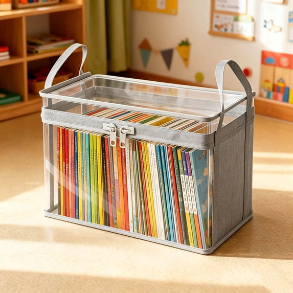 1PC 15"×9.4"×12.6" Clear Plastic Storage Box with Zipper, Foldable Waterproof Organizer Bin with Handles(Grey)