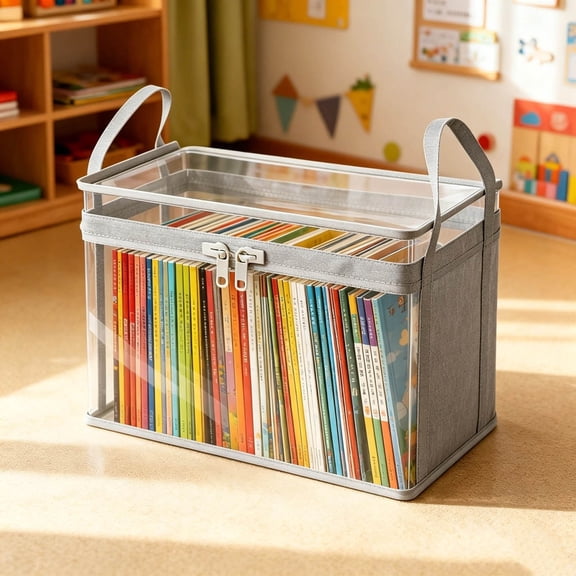 1PC 15"×9.4"×12.6" Clear Plastic Storage Box with Zipper, Foldable Waterproof Organizer Bin with Handles(Grey)