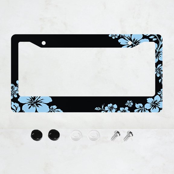 1PC 2-Hole License Plate Frame, Black with Blue Floral Design, Aluminum, 6x12 Inches, Includes Screws, Retro Novelty Car Decoration Gift