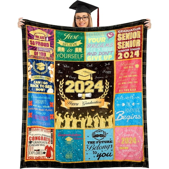 1PC 2024 Graduation Gift Blanket Class of 2024 Graduation Flannel Gift Blanket for Her Him Congrats Grad Throw Blanket Graduation Memory Throw Blanket for Graduation Party Supplies 59 * 51 inch