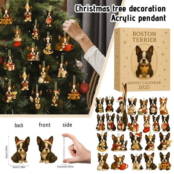 1PC 2D Boston Terrier Advent Calendar Acrylic Pendant, Christmas Tree Decoration Gift for Dog Lovers Holiday Countdown Decor