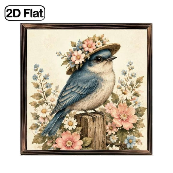 1PC 2D Flat, Cute Blue Bird Wearing Floral Straw Hat Design Art Print, Framed Wood Board Painting, 8x8 Inch, Perfect Aesthetic Decor for Living Room Bedroom and Kitchen
