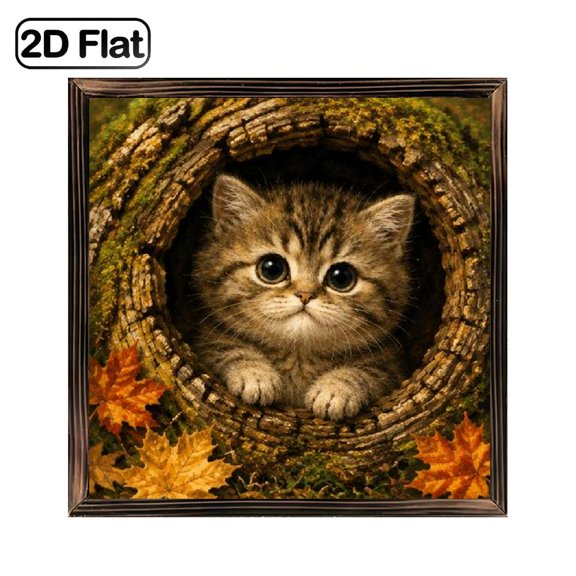 1PC 2D Flat, Cute Kitten in Tree Hole Cartoon Animal Wall Art Decor, Autumn Leaves Design, Framed Wood Board Painting, 8x8 Inch, Decor for Bedroom Living Room Home