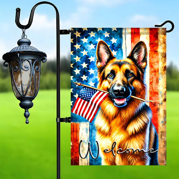 1PC, 2D Flat German Shepherd banner, "Welcome" welcoming flag, Independence Day garden flag, durable polyester anti-fading outdoor courtyard decoration, suitable for porch, lawn, farmhouse and festiv