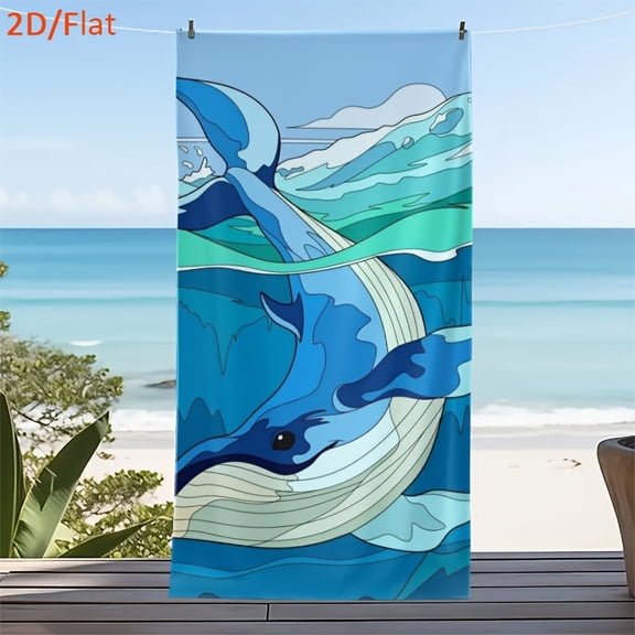1PC 2D Flat "Ocean Dreams: Blue Whale and Waves Beach Towel - Artistic Summer Essentials" themed beach towel for outdoor travel, beach, camping, bathroom, perfect for gift giving