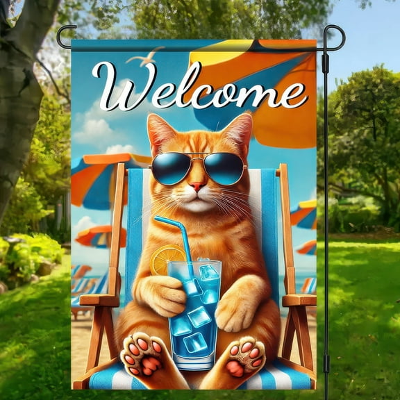 1PC, 2D Flat Orange Cat Coconut Drink Welcome Beach Chair Flag Summer Garden Flag, Summer Atmosphere Suitable for Courtyard Lawn Villa Outdoor Decoration