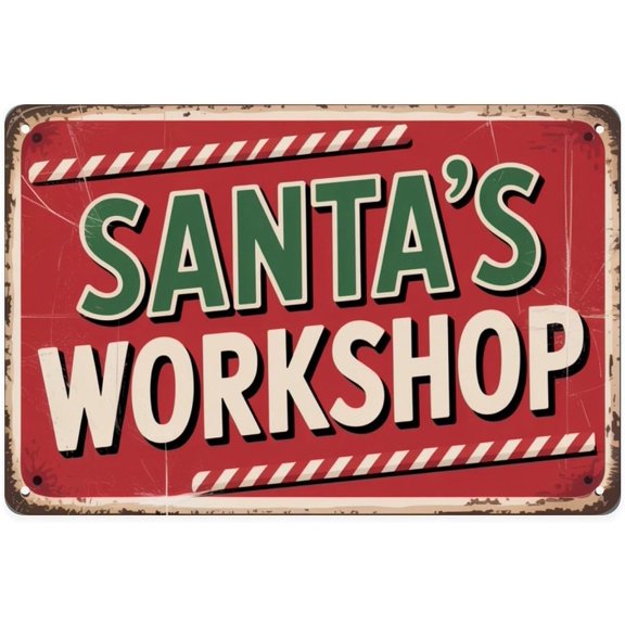 1PC 2D Flat Santas Workshop Candy Cane tin sign Vintage Christmas Santa Workshop Metal Sign print Aesthetic Christmas Decor, Retro art, Home Decor, Outdoor wall decoration gift, suitable for farms,