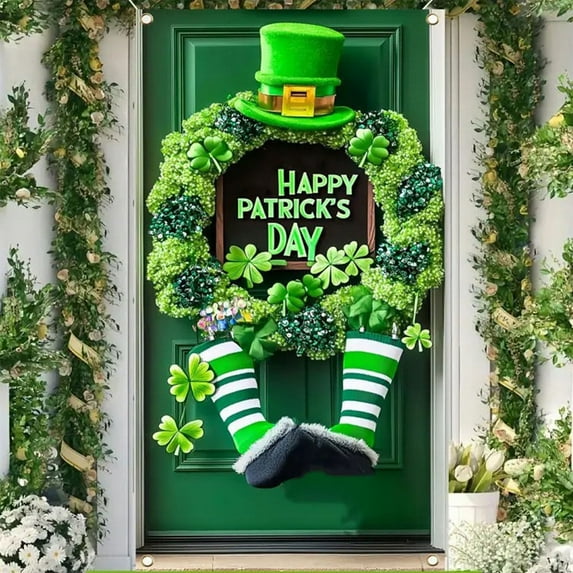 1PC 2D Flat St Patrick’s Day Door Banner - with Green Leprechaun Hat Shamrocks and Striped Legs Fun Irish Holiday Porch Decoration for Spring Festival Home Party Wall Decor