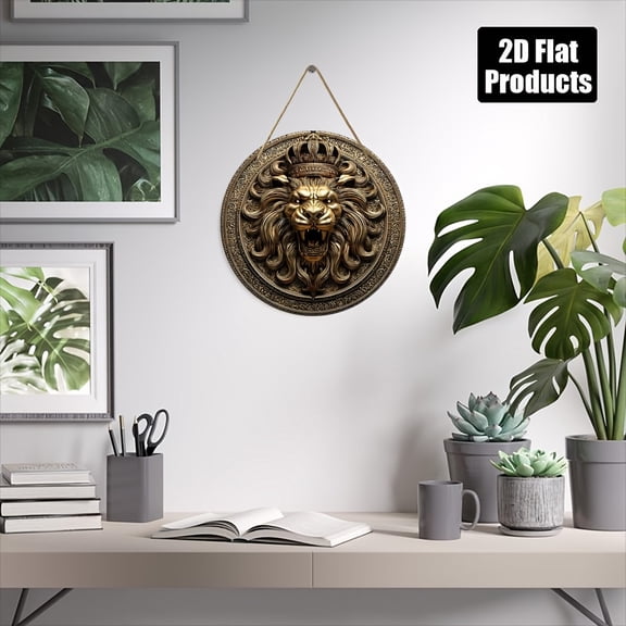 1PC 2D Flat Vintage Lion with Crown Wall Plaque, Round Artificial Wood Retro Lion King Decor, Lion of Judah Emblem, 8 Inch/20cm Wall-Mounted Panel for Home Office, Christmas & Halloween Gift