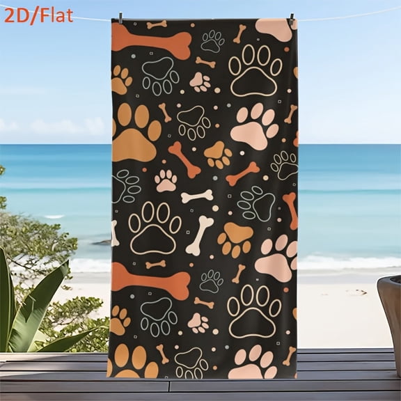 1PC 2D Flat "cute dog paw print and bone pattern beach towel - fashionable pet theme bath towel" theme beach towel, suitable for beach, camping, bathroom, perfect for gift giving