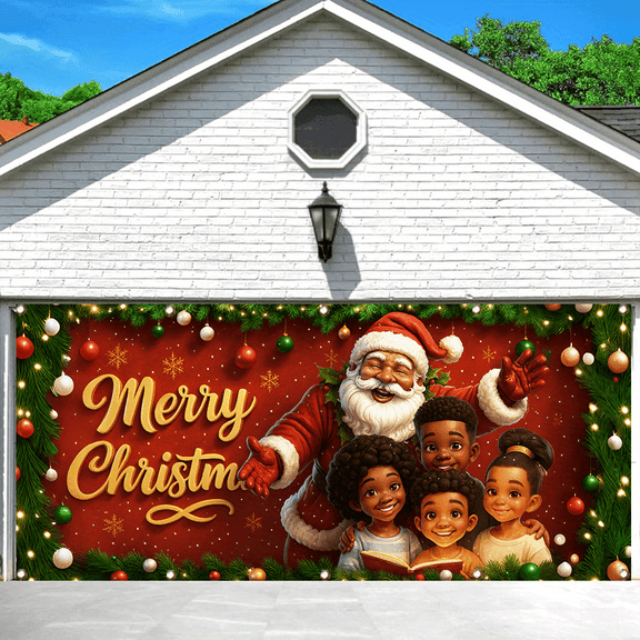 1PC 2D/Flat garage door banner, Christmon-themed garage door polyester fiber hanging, 157X71 inches (400X180 cm), easy to hang, large-sized courtyard indoor and outdoor garden home wall decoration ba