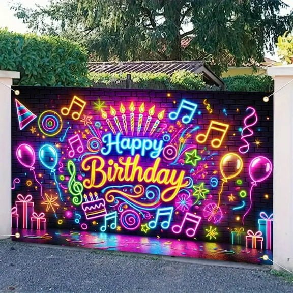 1PC, 2D Flat, neon music party birthday celebration background, 70.8x43.3inch polyester banner background cloth, indoor and outdoor photography, outdoor festivals and theme events, no power required