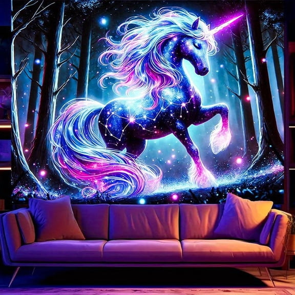 2D Flat Decorative Tapestry, Galaxy Unicorn Fantasy Wall Hanging, Polyester Fabric UV Reactive Style Room Decor, 78.74 x 59.06 Inches