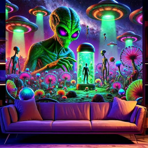 1PC, 2D/Flat polyester fluorescent tapestry, alien psychedelic night party, UV black light reaction tapestry 78.74*59.06 inches, very suitable for living room, bedroom, office home decoration/room de