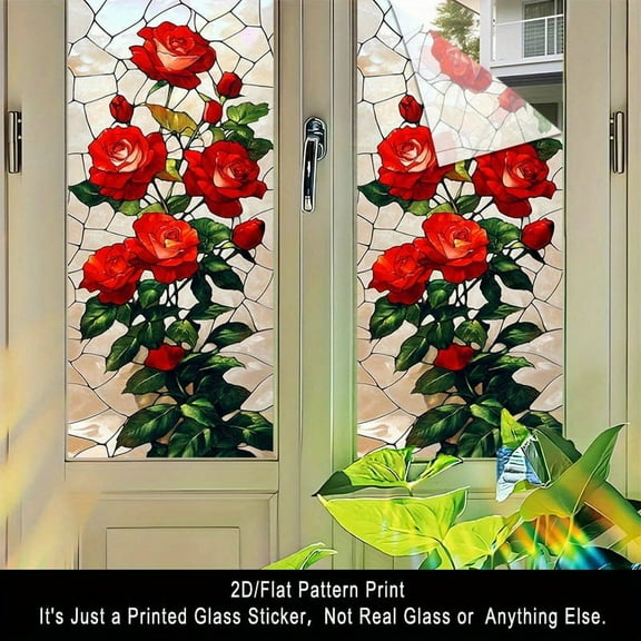 17.71" x 39.37" Red Flower Upright Pattern Frosted Removable Reusable Transparent PVC Adsorption Window Film
