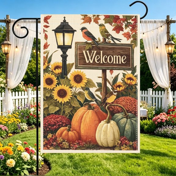 Welcome Fall Pumpkin Sunflower Birds Garden Flag, Double Sided, 12x18 Inch No Flagpole, Rustic Patio Harvest Decor