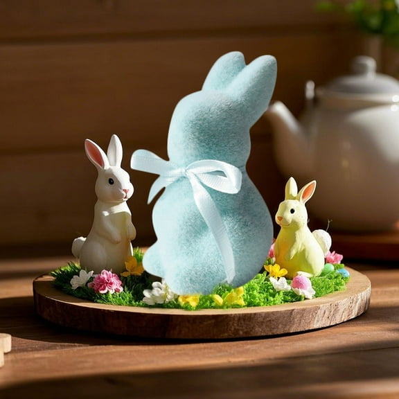 1PC 3.81Inch Easter Decorations Flocked Bunny Figurine with Bow Tie,Spring Table Centerpiece for Home and Office, Solid Color Rabbit Tabletop Ornament Indoor Party Decor, Easter Bunny Decorations