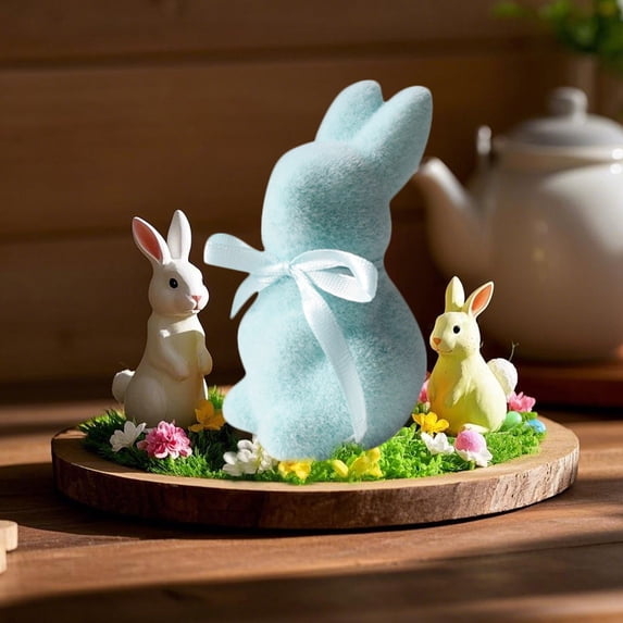 1PC 3.81Inch Easter Decorations Flocked Bunny Figurine with Bow Tie,Spring Table Centerpiece for Home and Office, Solid Color Rabbit Tabletop Ornament Indoor Party Decor, Easter Bunny Decorations