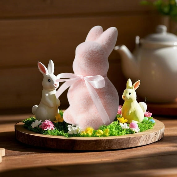 1PC 3.81Inch Easter Decorations Flocked Bunny Figurine with Bow Tie,Spring Table Centerpiece for Home and Office, Solid Color Rabbit Tabletop Ornament Indoor Party Decor, Easter Bunny Decorations