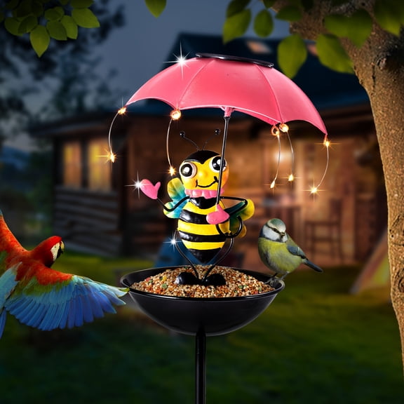 1PC 36.2 Inch Iron Bee Figurine with Solar LED String Lights & Bird Feeder, Collectible Patio Lawn Garden Decor, Ideal Father's Day Thanksgiving Christmas Gift