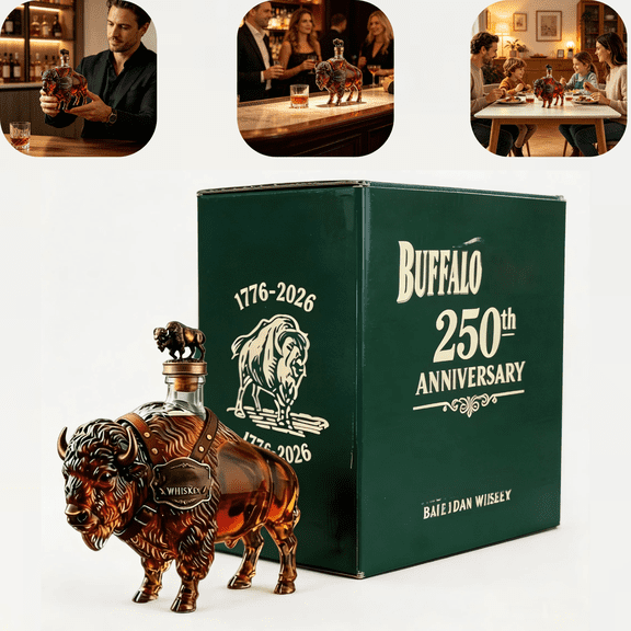 1PC 3D Sculpted Vintage Bison Buffalo Glass Whiskey Decanter, 350ml 250th Anniv Liquor Vessel With Gift Box, Home Bar Display, Father’s Day Gift for Whiskey Fans