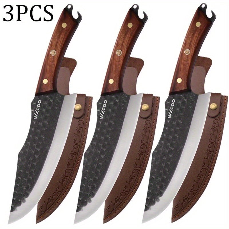 1PC/3PCS High Carbon Steel Boning Knife with Knife Sheath Wood Handle Handmade Forged Sharp Cutting Multipurpose Barbecue Meat Cleaver Utility Knife for Cooking