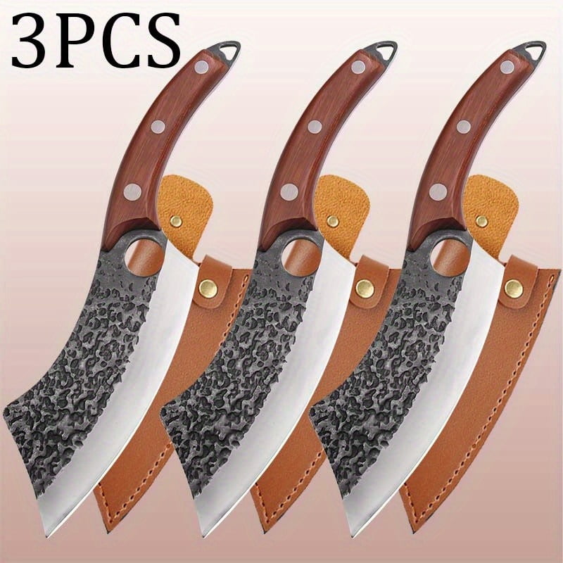 1PC/3PCS Stainless Steel Boning Knife with Knife Sheath Wood Handle Cutting Utility Knife Sharp Multipurpose Meat Cleaver Vegetable Chopper Handmade Forged Knife Barbecue Knife for Cooking