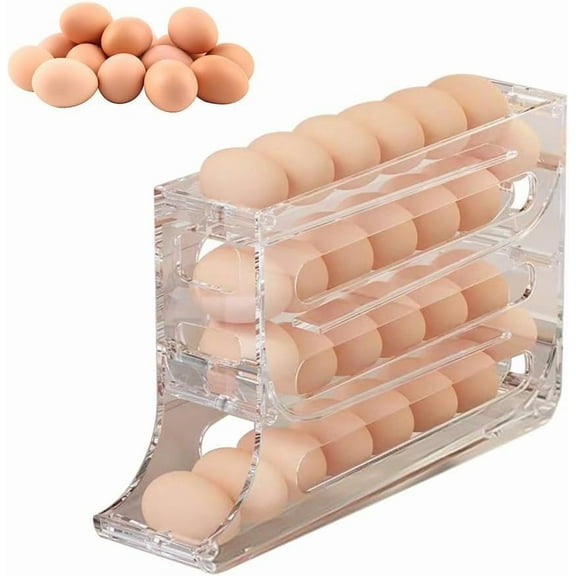 1PC 4 Tiers Egg Storage for Fridge 4-Tier Tilted Design Egg Storage Automatic Scrolling Transparent Egg Rack Holder 4 Tiers Egg Trays Space-Saving Egg Dispenser Holder for Fridge, Kitchen