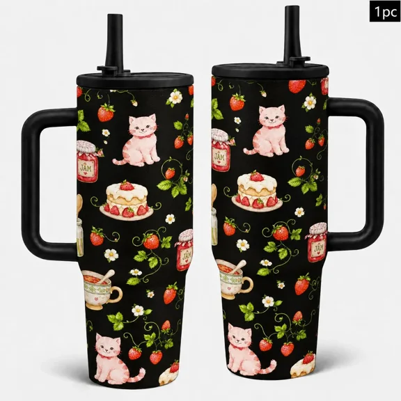 1PC 40oz Strawberry Cat Cake Cafe Pattern Insulated Tumbler with Handle & Lid, Double Wall Vacuum Leak-Proof Travel Mug, Hot 12H Cold 24H, Large Water Bottle for Women Girls, Summer Mothers Day