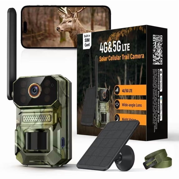 1PC 4G LTE Trail Camera, 1440P Solar Powered Hunting Camera with Motion Detection, Night Vision and Cellular Connectivity