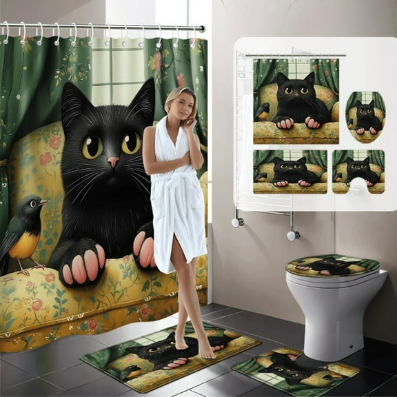 1PC/4PC Fun Black Cat Shower Curtain Set, Polyester, Machine WAshable, Fashionable Bathroom Decoration, Comes with 12 Hooks, Includes Bath Carpet, Cute Animal Curtains, Used for Home Decoration