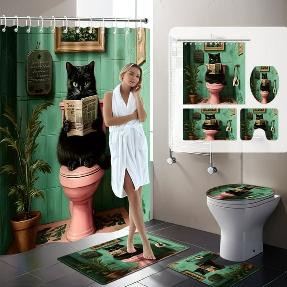 1PC/4PC Fun Black Cat Shower Curtain Set,  Polyester, Machine WAshable, Fashionable Bathroom Decoration, Comes with 12 Hooks, Includes Bath Carpet, Cute Animal Curtains, Used for Home Decoration
