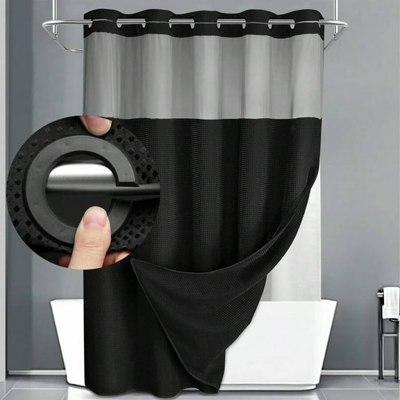 1PC 72''X75'' Waffle Double Woven Shower Curtain - Hookless, Clear Top Window, Snap Lined, Hotel Style - Machine Washable Bathroom Partition