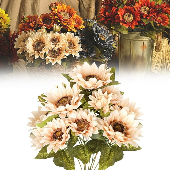 1PC 9-Heads Artificial Sunflower Bouquet, Autumn Fall Faux Flowers for Home Kitchen Farmhouse Table Centerpiece Decor,White