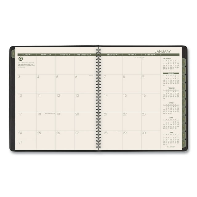 1PC ATAGLANCE Recycled Monthly Planner, 11 x 9, Black Cover, 13Month