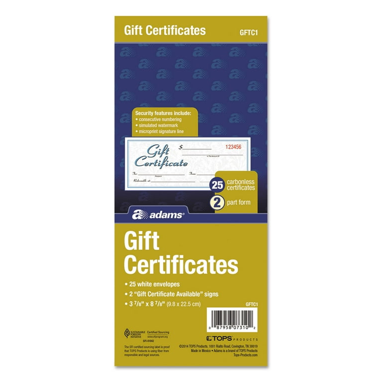 Gift Certificates with Envelopes, 8 x 3.4, White/Canary, 25/Book Gift Certificates with Envelopes, 8 x 3.4, White/Canary, 25/Book