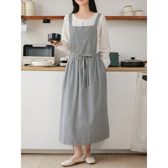 1PC Adjustable Long Apron with 2 Pockets, Pleated Drawstring Anti-Fouling Smock for Kitchen Baking Salon