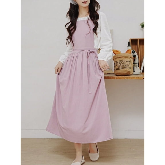 1PC Adjustable Long Apron with 2 Pockets, Pleated Drawstring Anti-Fouling Smock for Kitchen Baking Salon