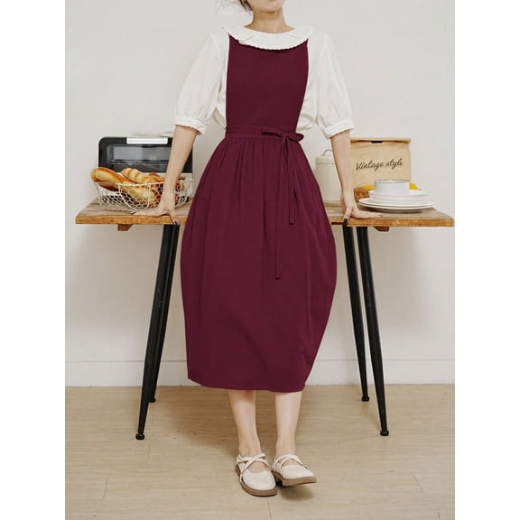 1PC Adjustable Long Apron with 2 Pockets, Pleated Drawstring Anti-Fouling Smock for Kitchen Baking Salon
