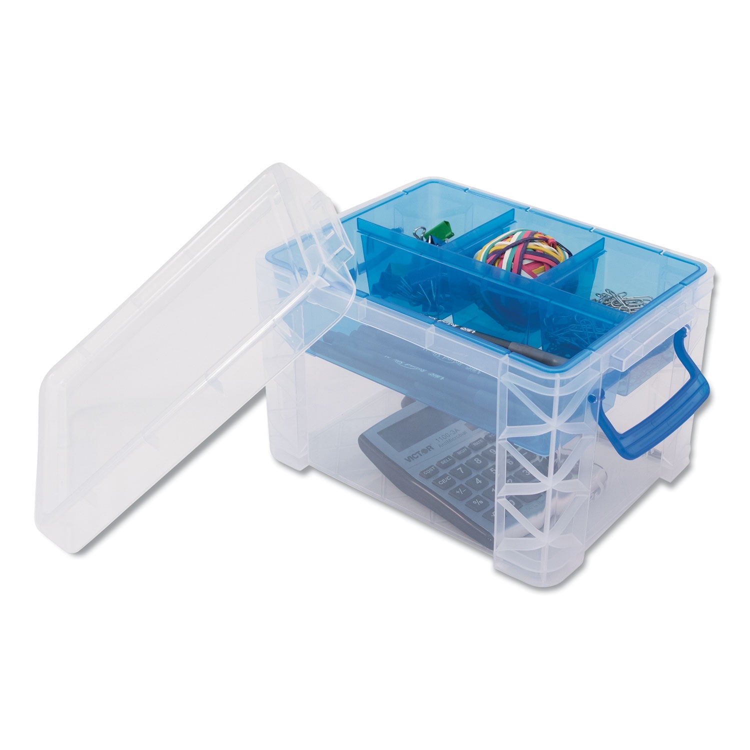 Clear and Blue Stackable Plastic Lidded Storage Box with Dividers
