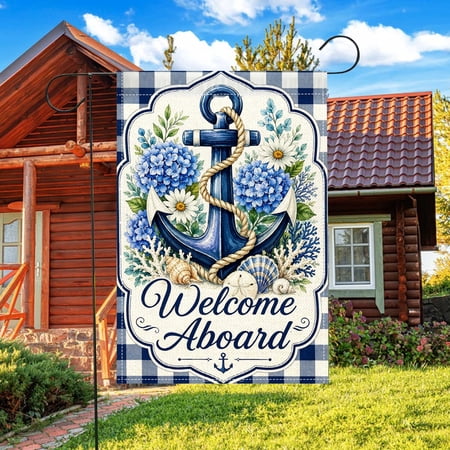 Anchor Hydrangea Welcome Aboard Nautical Garden Flag, Double Sided 2D Buffalo Plaid, 12x18 Inch No Flagpole, Courtyard Coastal Decor
