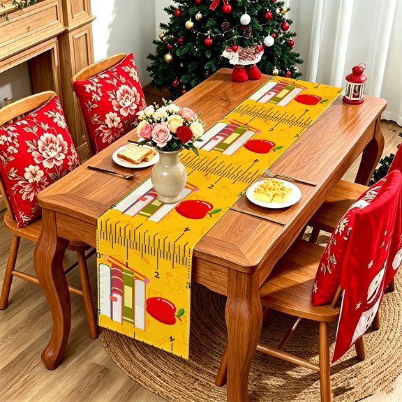 1PC Apple Book Ruler Back To School 2D Graphic Table Runner, Kitchen Patio Family Gathering Decor, Great Holiday Gift For Thanksgiving Christmas Labor Day