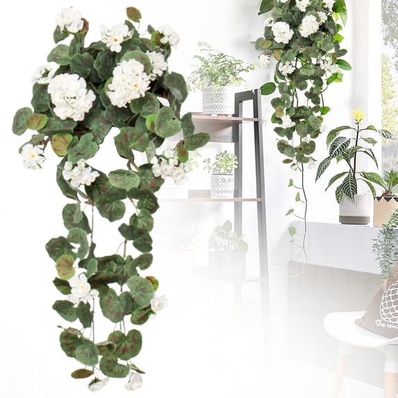1PC Artificial Geranium Hanging Plant with Flowers Realistic, Begonia Vibrant Pink Decor for Home and Floral Arrangements Garden Patio Porch Window Box,White
