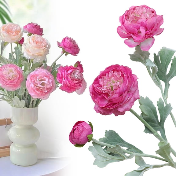 1PC Artificial Ranunculus Flowers with Real Touch Stem Silk Ranunculus Flowers for Household Arrangement (Rose Red)