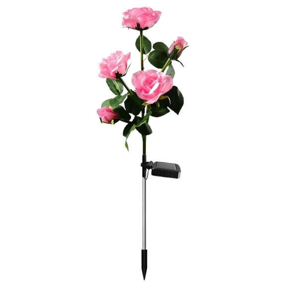 1PC Artificial Rose Garden Stake for Outdoor Courtyard,Simulated Flower Garden Stake with 5 Heads Rose,Yard Stake for Patio Lawn Pathway,Garden Decoration Outdoor Ornament for Yard Landscape,Pink
