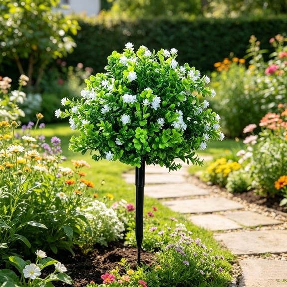 1PC Artificial White Flower Bush with Stake - Faux Spring Blooms for Garden, Patio, Home Decor (Low-Maintenance, UV-Resistant) 