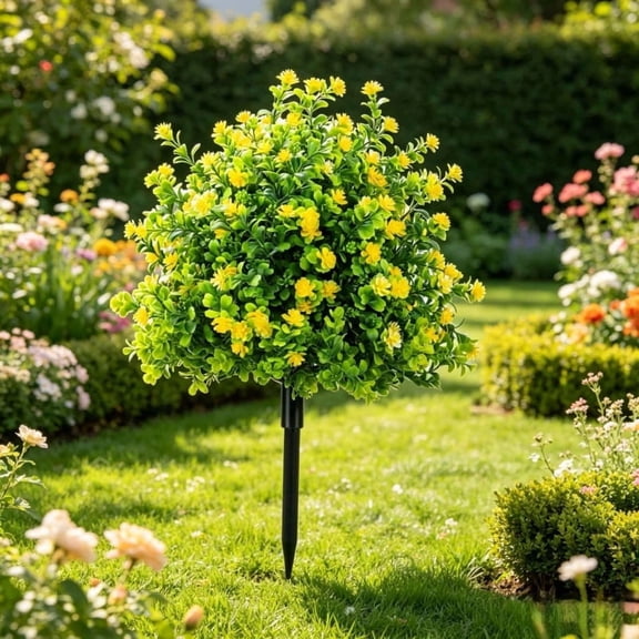 1PC Artificial Yellow Flower Bush with Stake - Faux Spring Blooms for Garden, Patio, Home Decor (Low-Maintenance, UV-Resistant) 