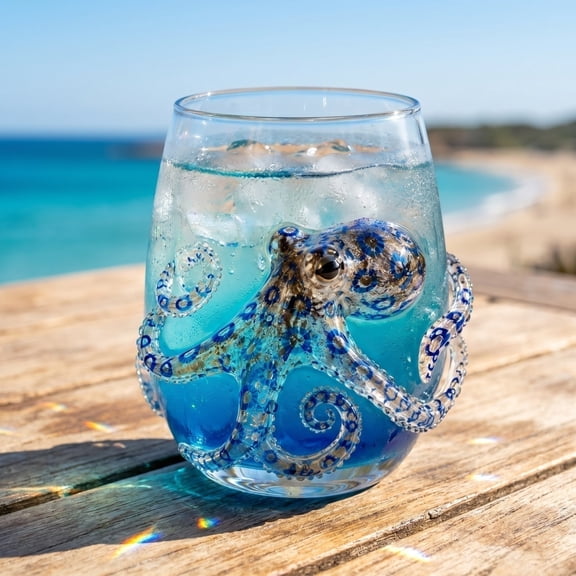 1PC Artisanal Blue Ringed Octopus Glassware, 3D Sculpted Octopus Borosilicate Drinking Glass, Handmade Coastal Themed Tumbler for Home Table Decor